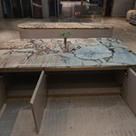 Luxury Marble-Top Coffee Table with Ribbed Wood Veneer and Gold Accents
